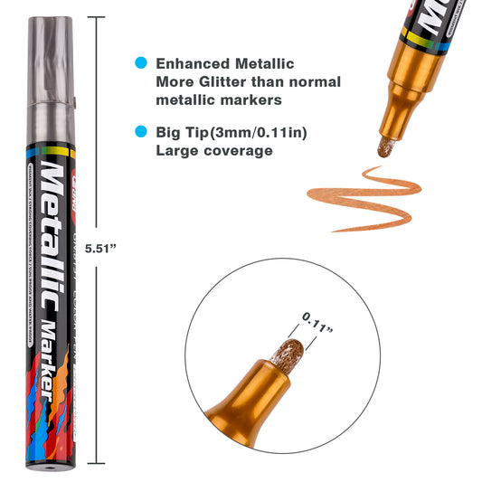 15 Color Assorted Metallic Marker Pens, 3mm Tip Sheen Glitter Painting Pen