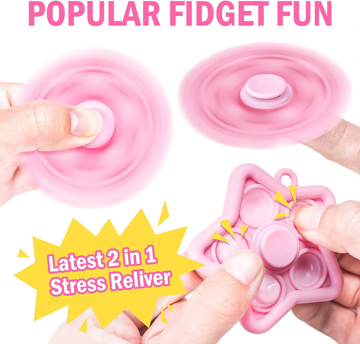 4-Pack 2-in-1 Mini Star Pop Fidget Spinner Keychain Set, Push Pop Bubble Fidge