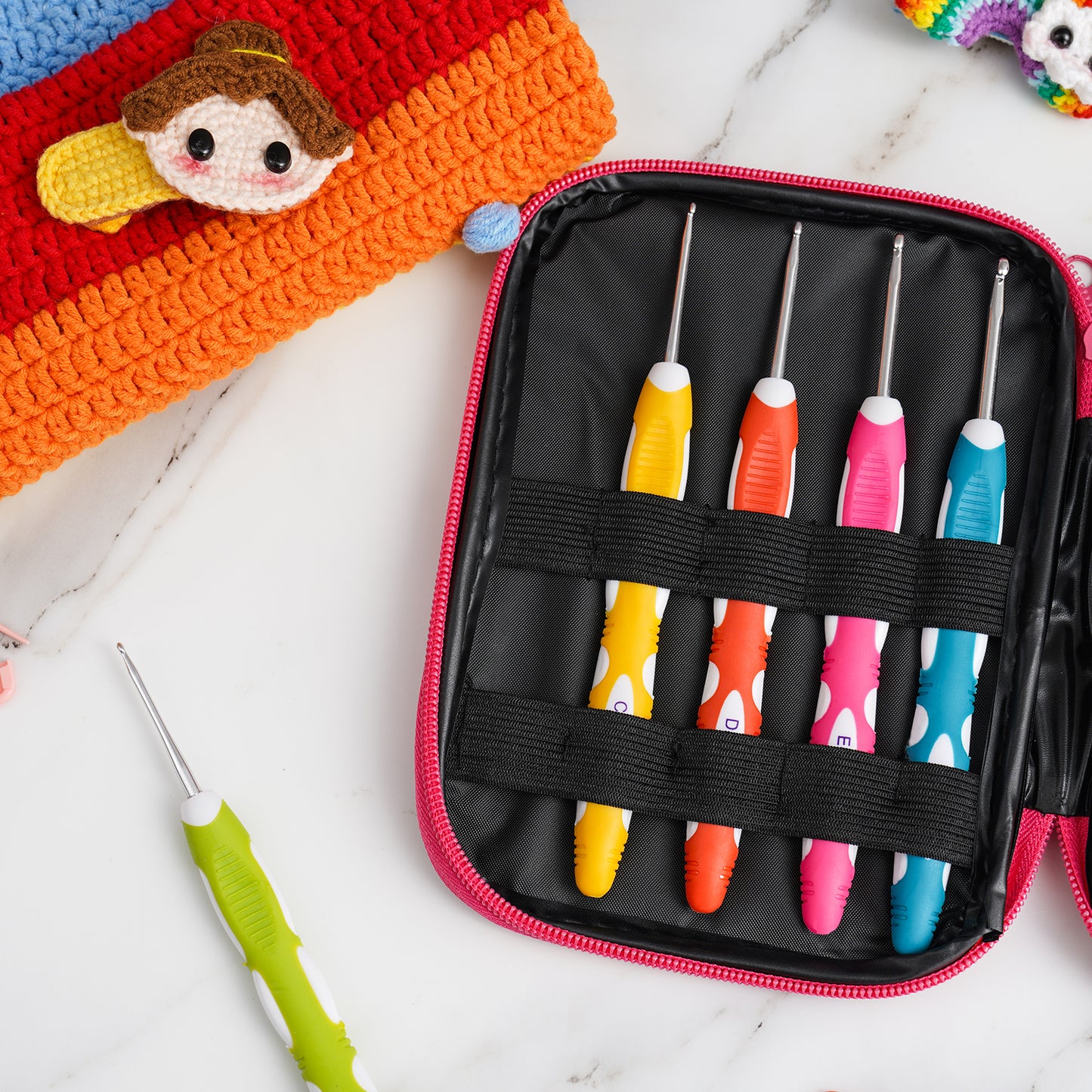 Aluminum Crochet Hook Anti-Slippery Silicone Handle 9PCS 2-6mm 6.4" Color-Code