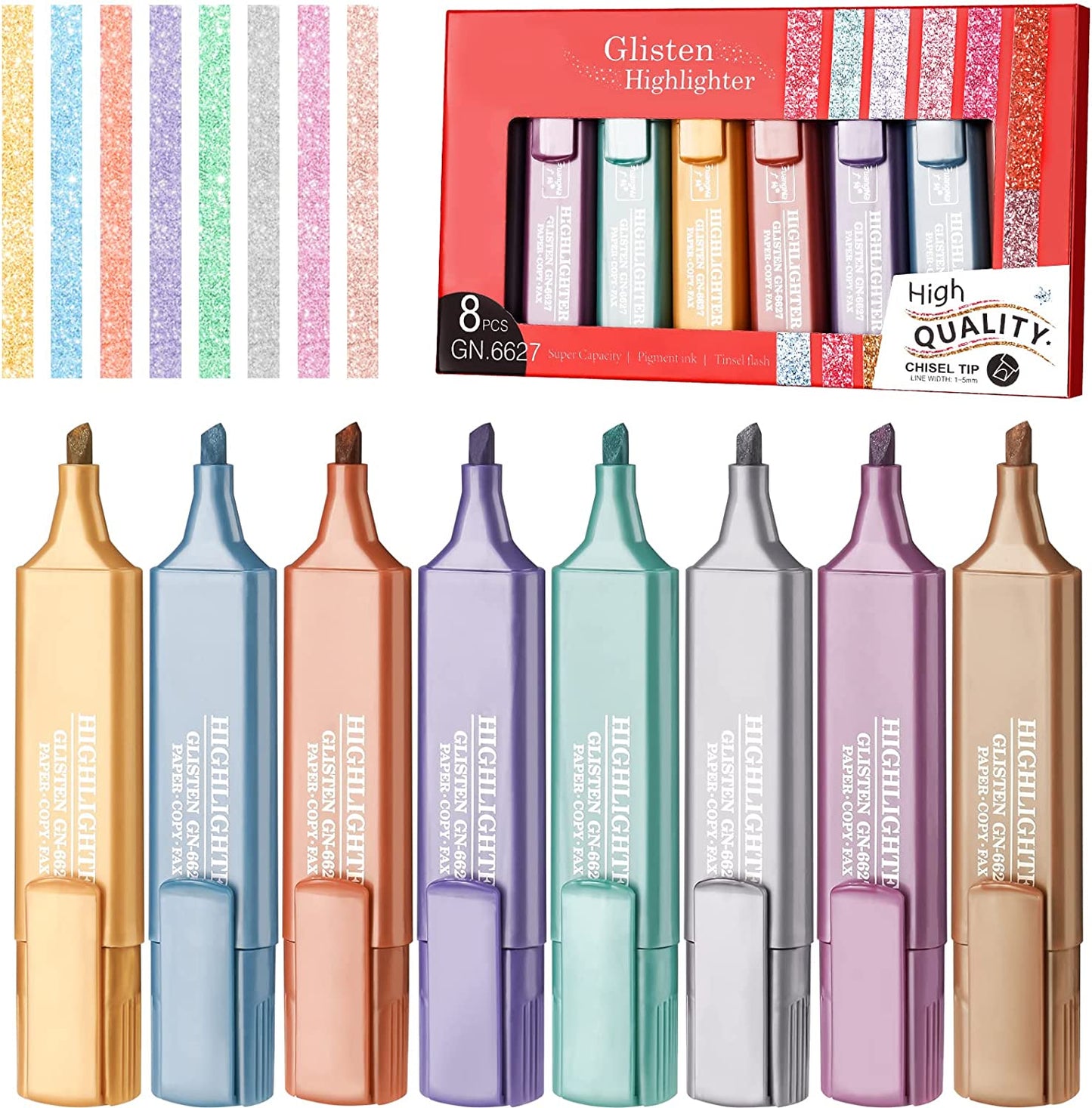 Metallic Glitter Highlighters 8 Colors Glitter Highlighter Markers Chisel Tip