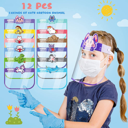 Cartoon Animal Safety Face Shield Kid 12PC Reusable Cover Wrap-Around 12 Designs
