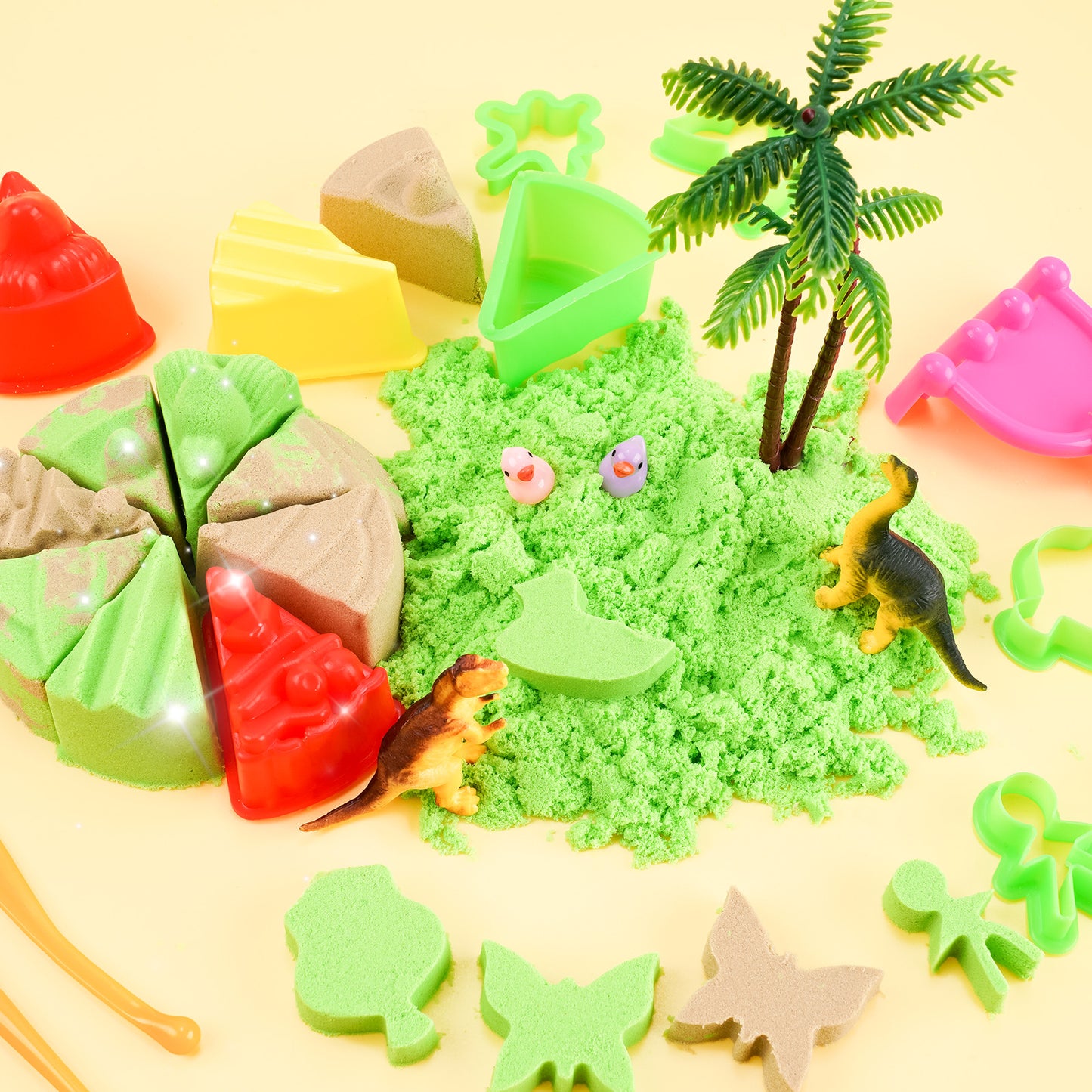 Play Sand Kit 3.3lbs 2 Colors Sensory Sand with Dinosaur Animal Cake Molds Tools