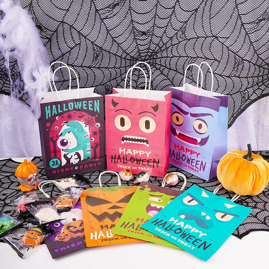 16PCS Halloween Kraft Paper Treat Bag Handle Trick or Treat Holiday Party Favor
