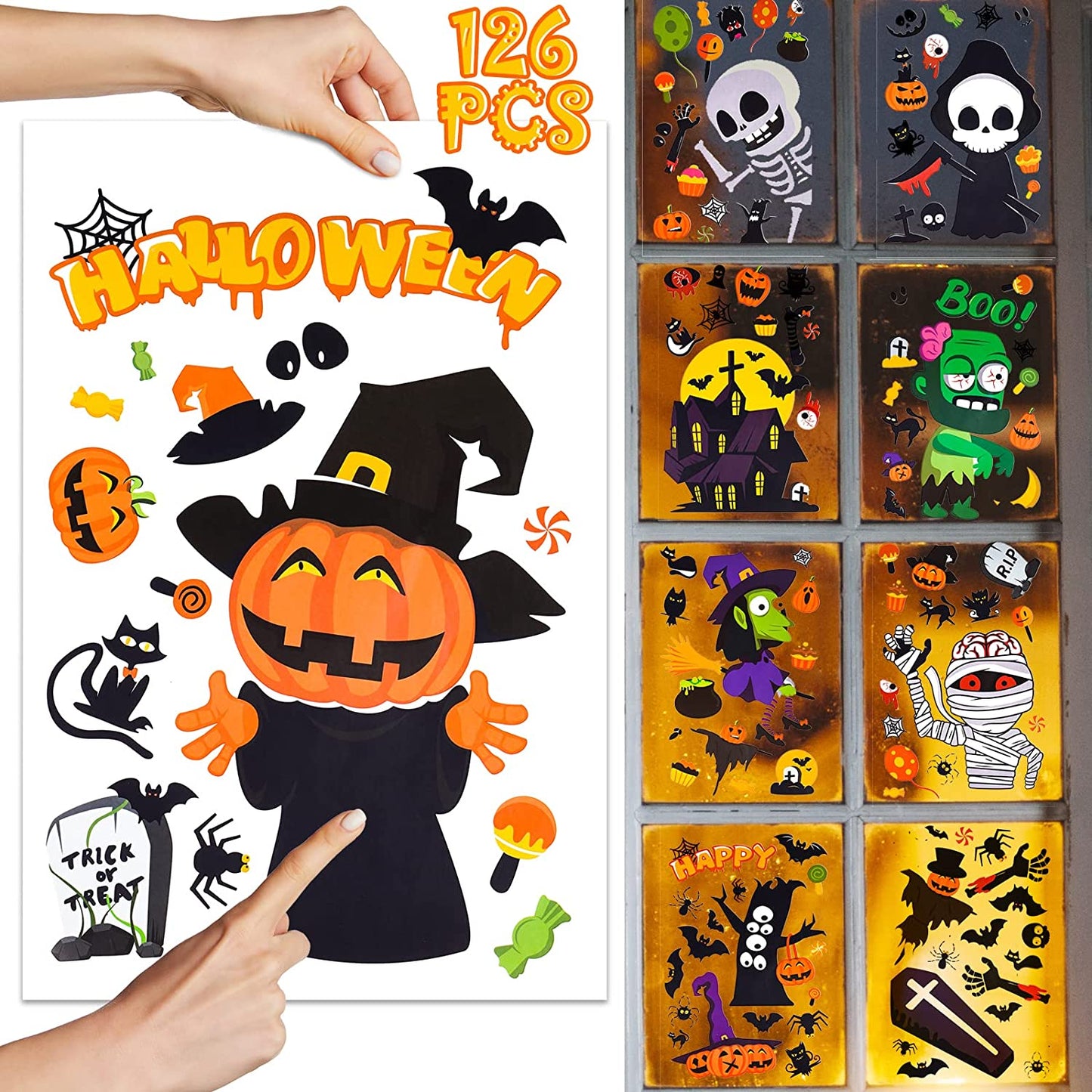 126PCS Cartoon Halloween Window Cling Decal Stickers Home Office School 6 Sheets