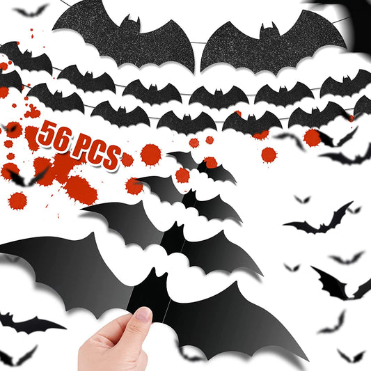 58PC Large 3D Halloween Flying Bats Decor Kit Spooky Party Supply Trick or Treat