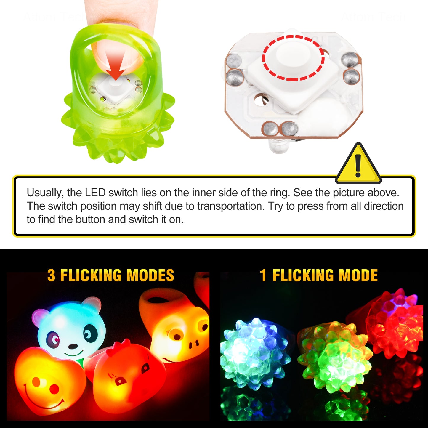 30PC Flashing LED Light Up Bumpy Jelly Rubber Ring 10 Shapes Colorful Finger Toy
