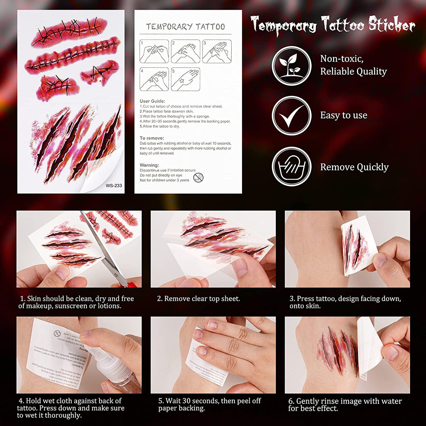 40 Sheets Halloween Horror Removable Realistic Fake Temporary Tattoo Set Zombie