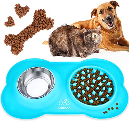 Large Slow Feeder Dog Bowl Mat Soft Silicone Stainless Steel Food Water Tray