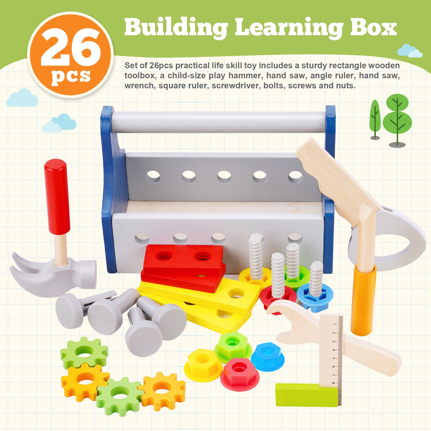 Toolbox Toy for Kids Pretend Play Kit Play Drill Tool Box Angle Ruler Toy