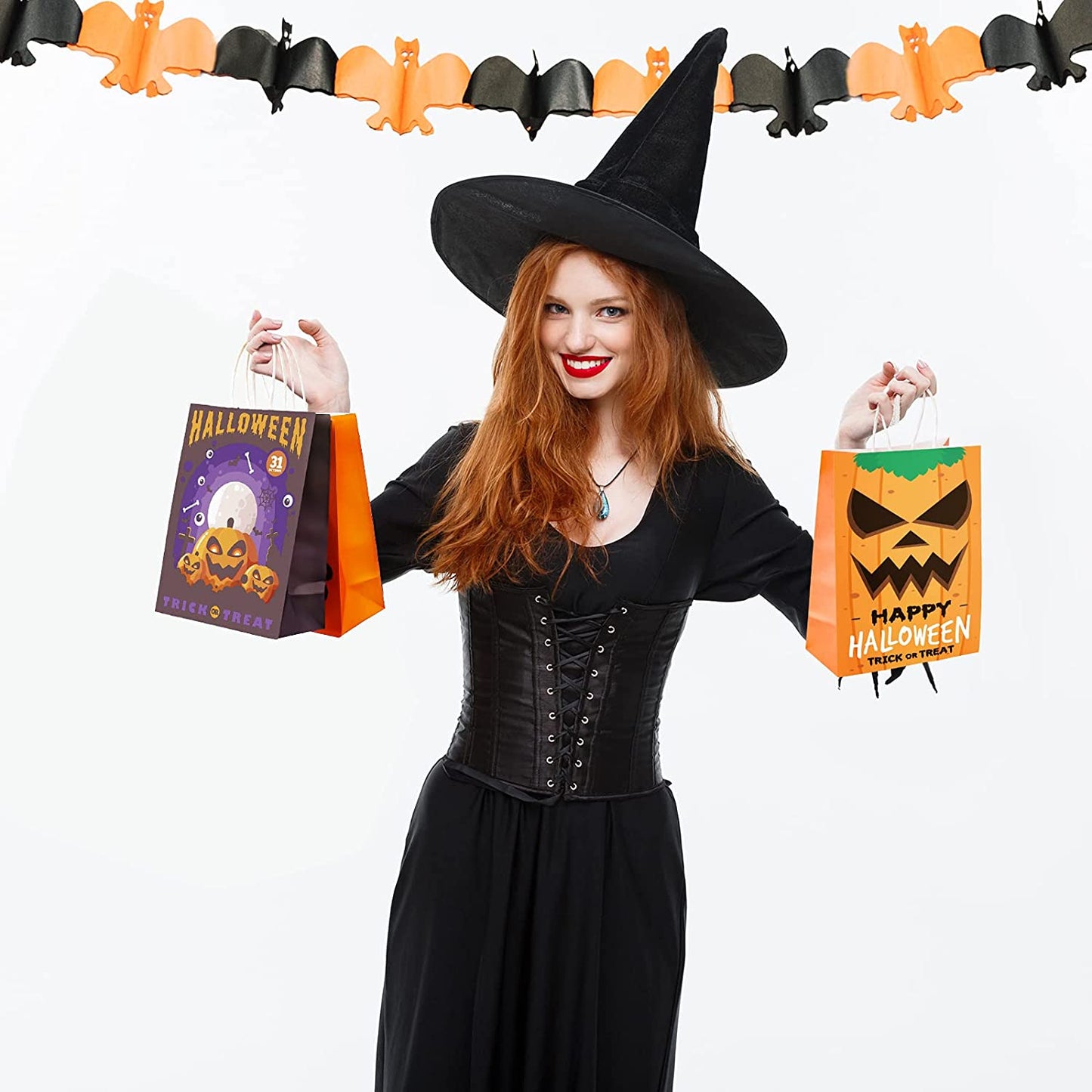 16PCS Halloween Kraft Paper Treat Bag Handle Trick or Treat Holiday Party Favor