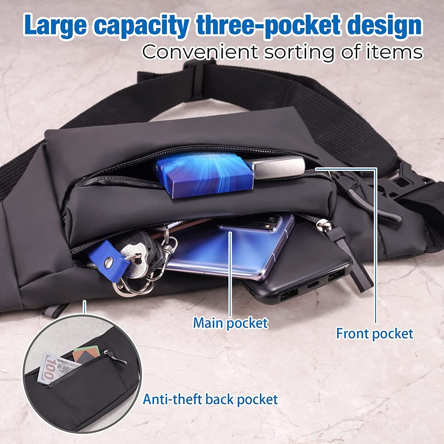 Large Unisex Crossbody Fanny Pack 3 Zipper Pockets Adjustable Strap for Sports