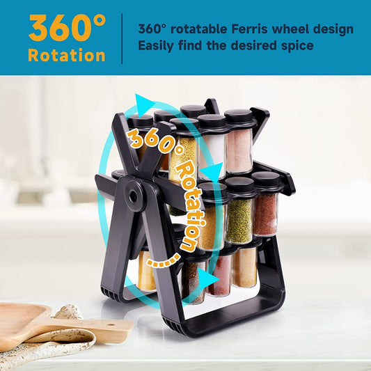 Rotating Spice Rack 18 Jars and Kitchen Labels Spinning Spice Rack Jar Organizer