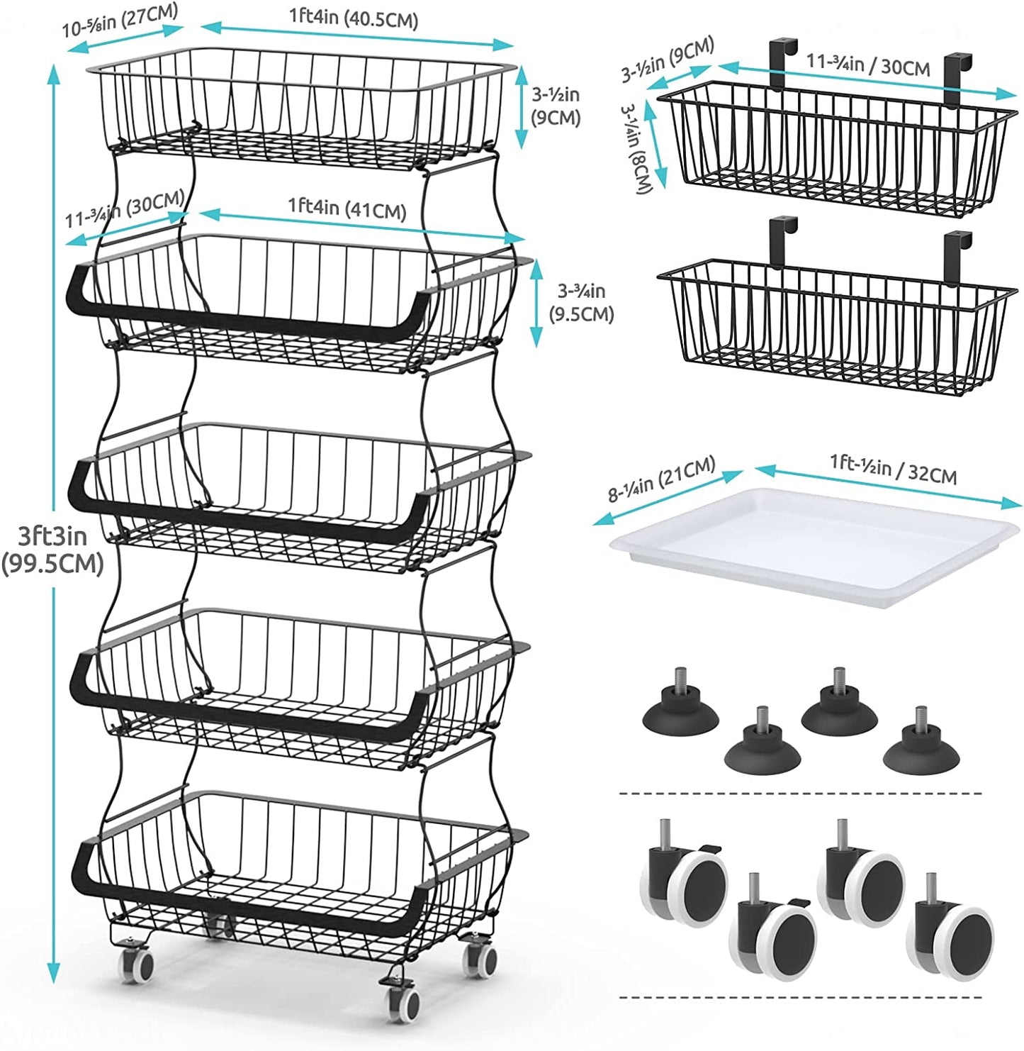 Fruit Basket Cart with Rolling Wheels 5-Tier Footpads & 2 Free Hanging Baskets