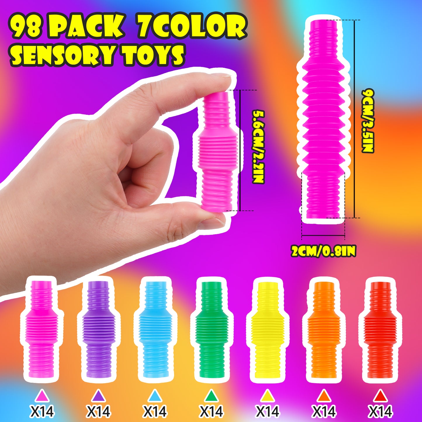 98PCS Mini Pop Tube Sensory Fidget Toy Set, Multicolor 0.8" Stretchable Pipe P