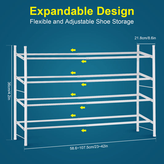 4-Tier Extendable Shoe Rack Lightweight Stretchable 12-24 Pairs Medium Metal O