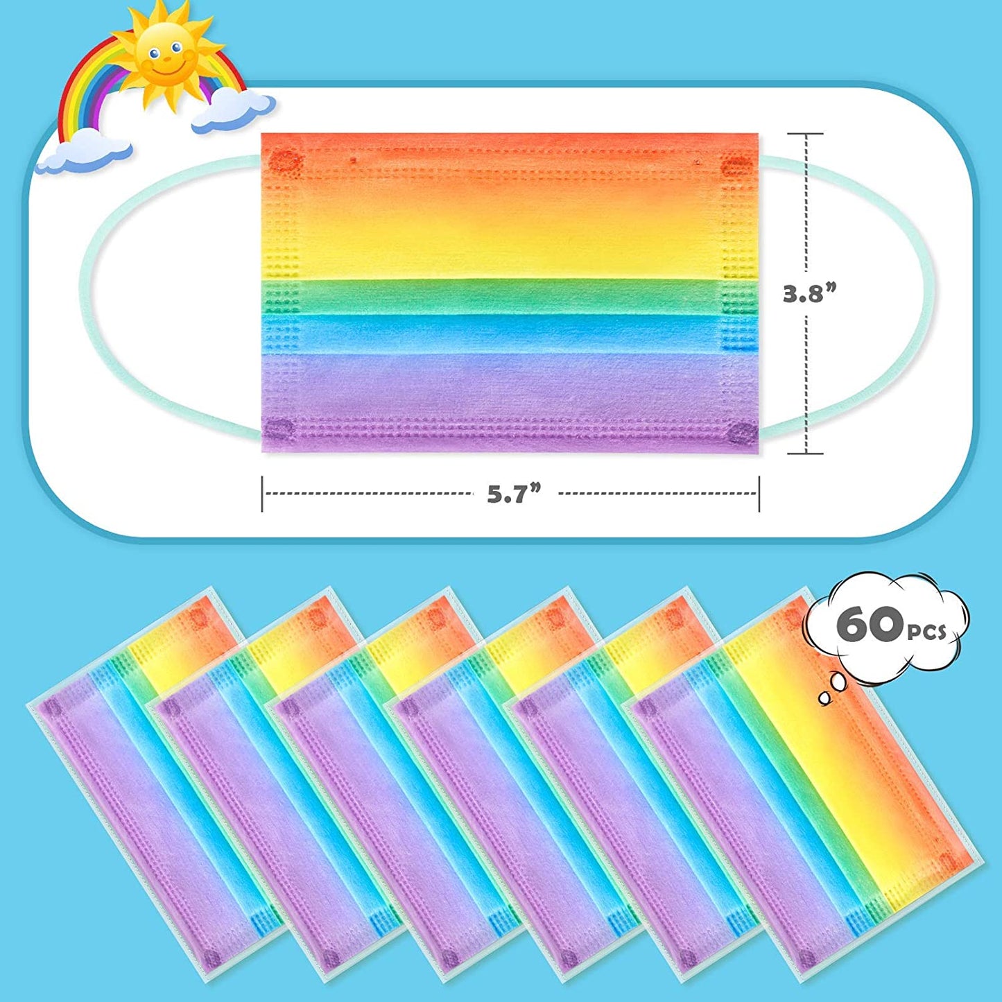 Kids 60PCS Disposable Gradient Rainbow Colors Individually Packaged 3-Layer