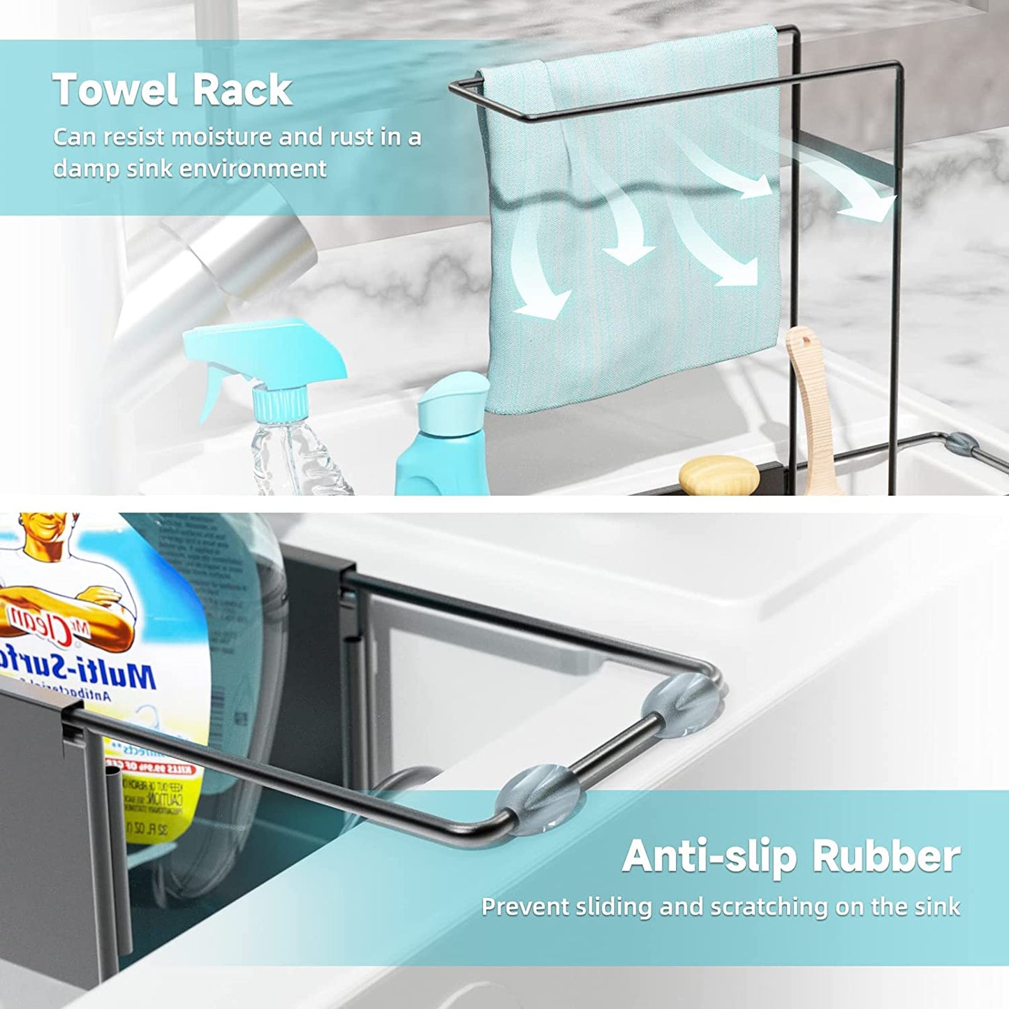 Adjustable Sink Storage Rack 2-In-1 Stainless Steel Sponge Caddy Organizer