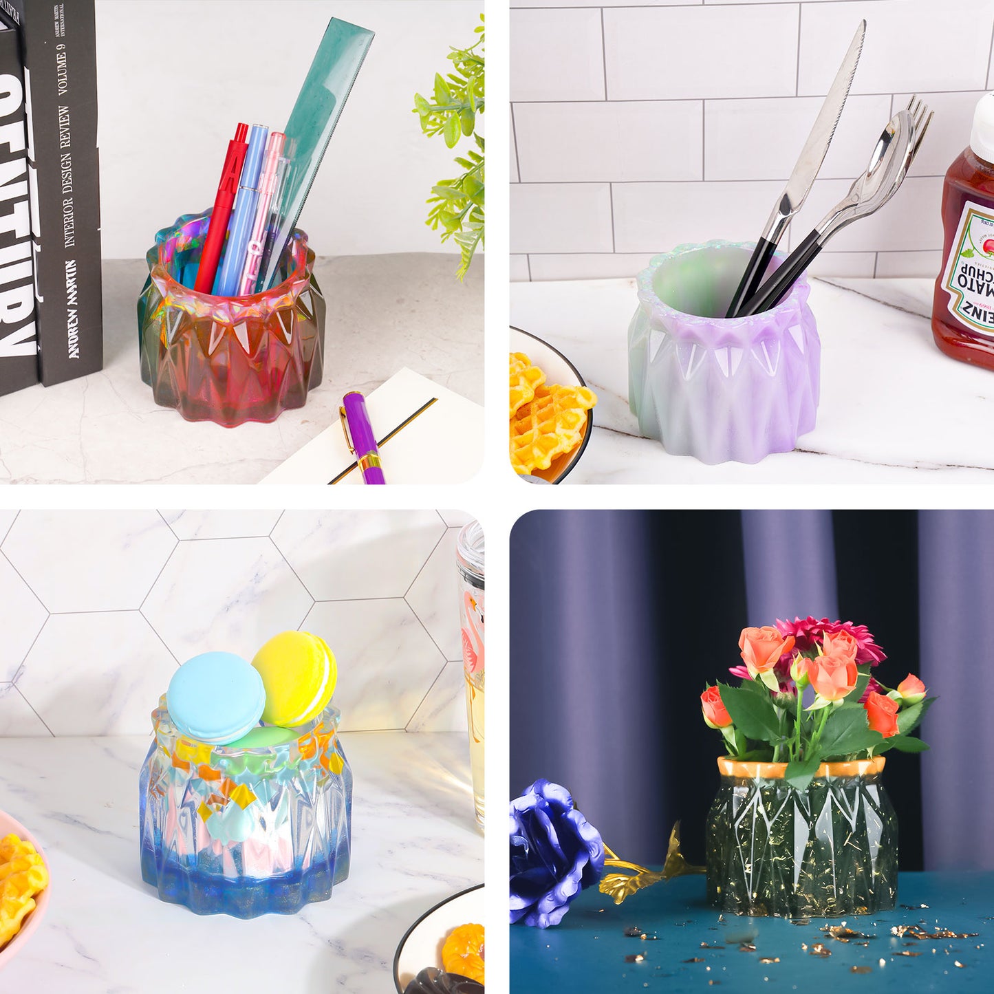 Epoxy Resin Diamond Faceted Vase DIY Casting Silicone Mold Kit+Glitters, Flowe