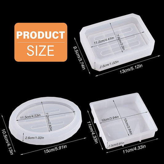 Soap Dish Resin Silicone Mold Kit 3 Shapes Oval/Square/Rectangle + Star Sequins