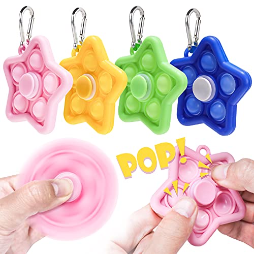 4-Pack 2-in-1 Mini Star Pop Fidget Spinner Keychain Set, Push Pop Bubble Fidge