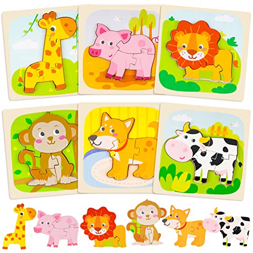 Wooden Animal Jigsaw Puzzles Educational Building Block Toy STEM Set (6 Animals)