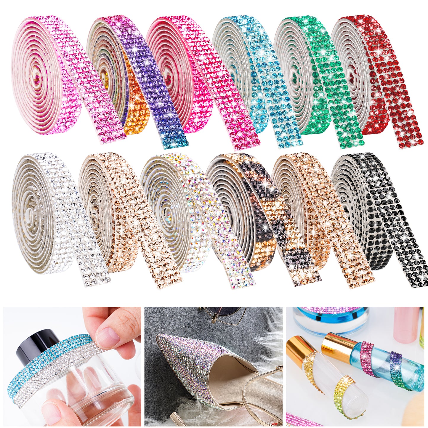 12-Pack 0.9cm Self-Adhesive Crystal Rhinestone Diamond Ribbon Roll - 12 Colors