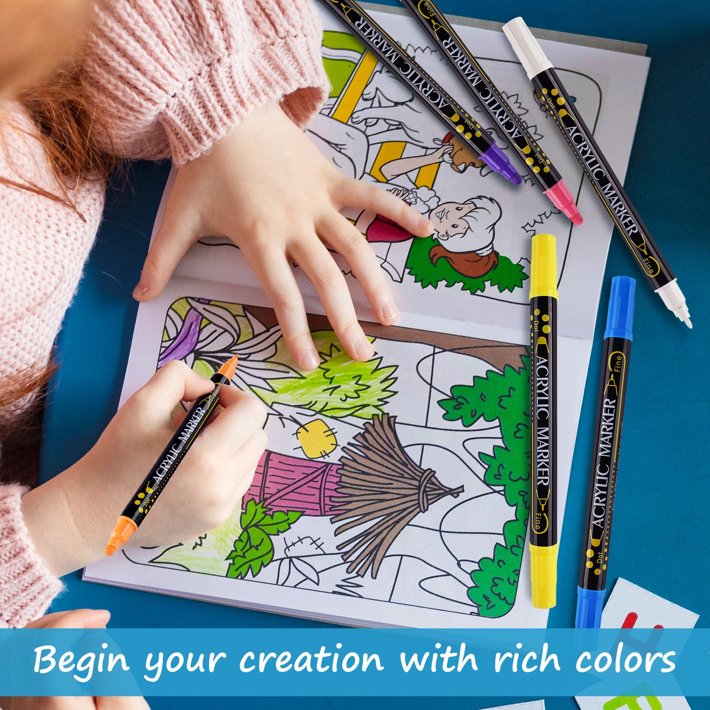 Dual Tip DOT Marker Pens, 12 Colors 1mm Fine Tip & 5mm Round DOT Tip Water-Bas