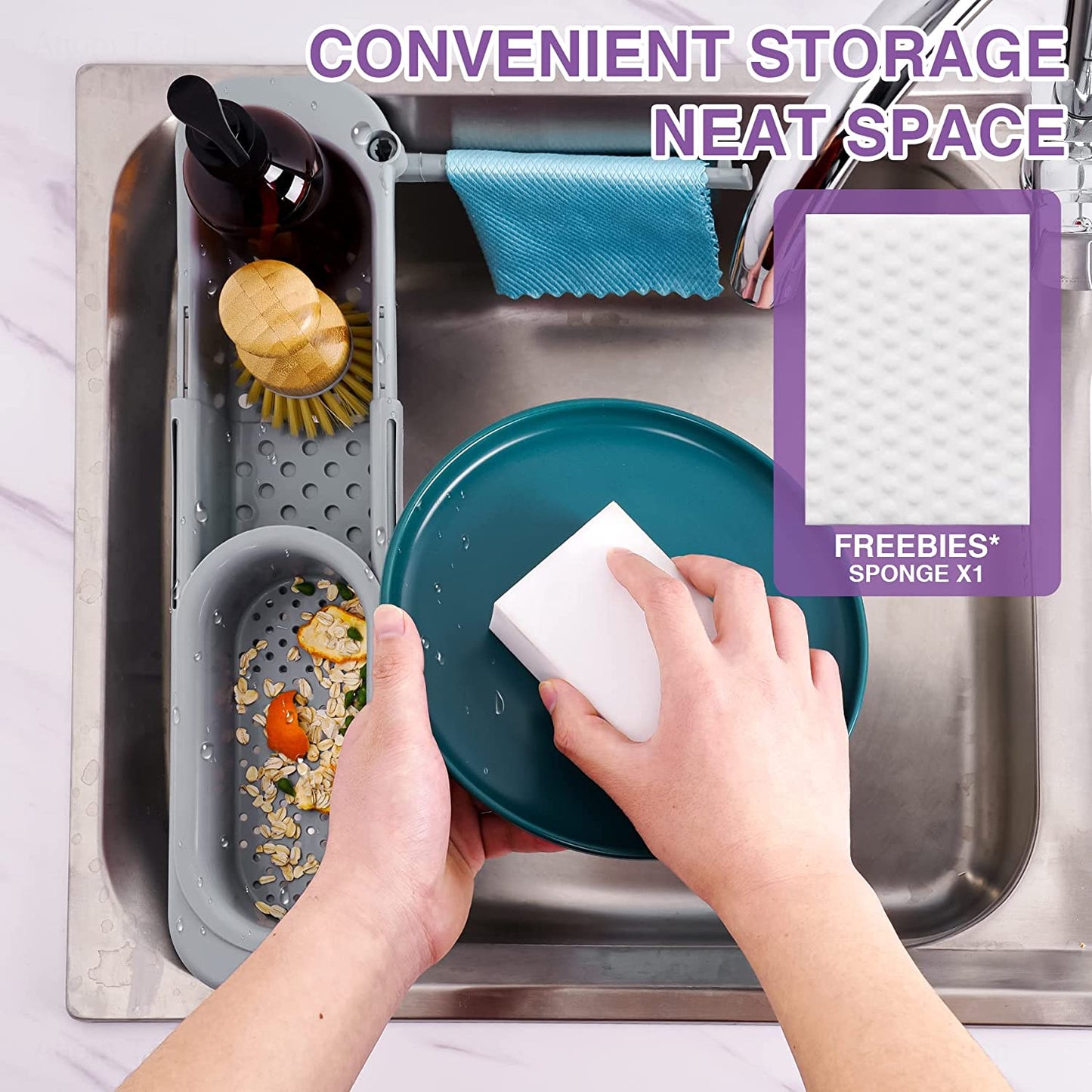 Adjustable Sink Holder w/ Sponge Kitchen Sink Organizer Rack Sponge Soap Holder