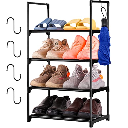 Shoe Rack 4-Tier Metal Storage Organizer Hooks Space Saving Hold 8 Pairs (Black)