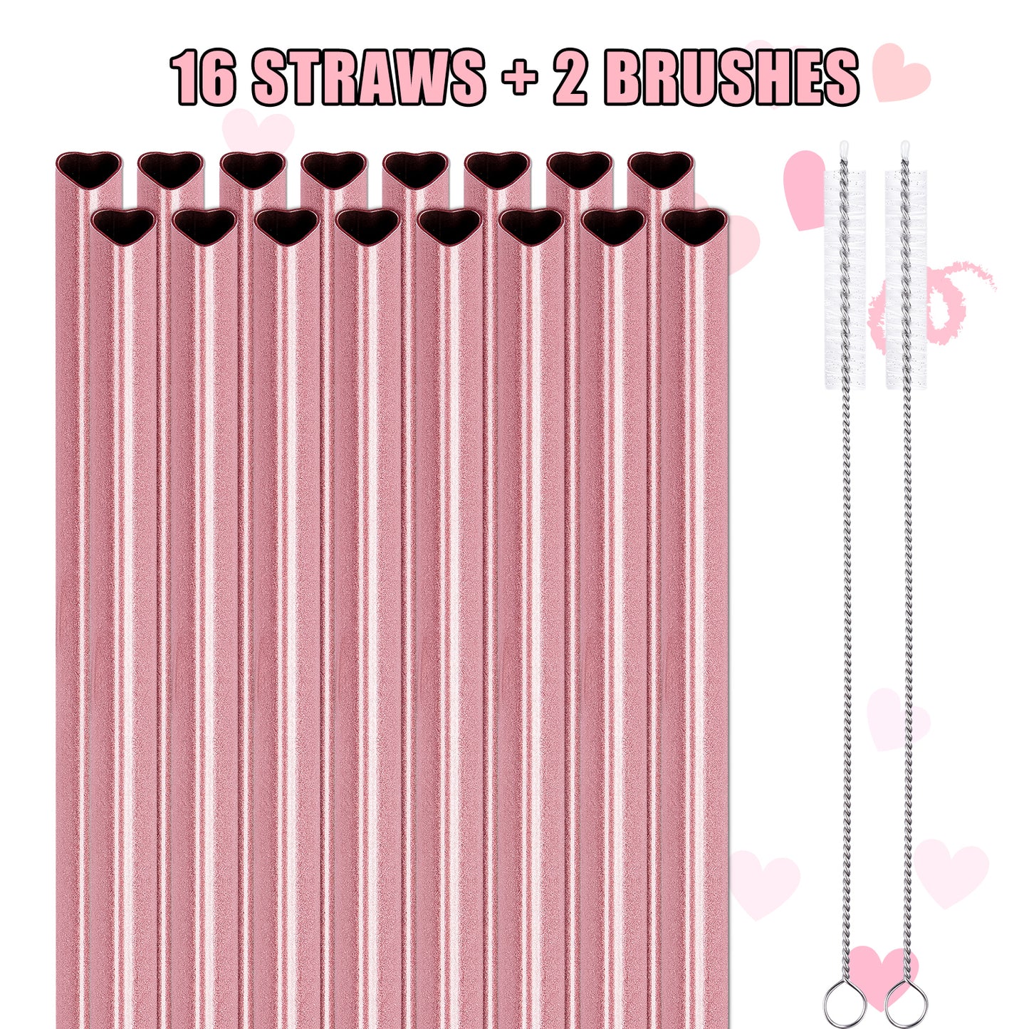 Reusable Straws 16 Pack, Stainless Steel Drinking Straws Heart Pearl Pink