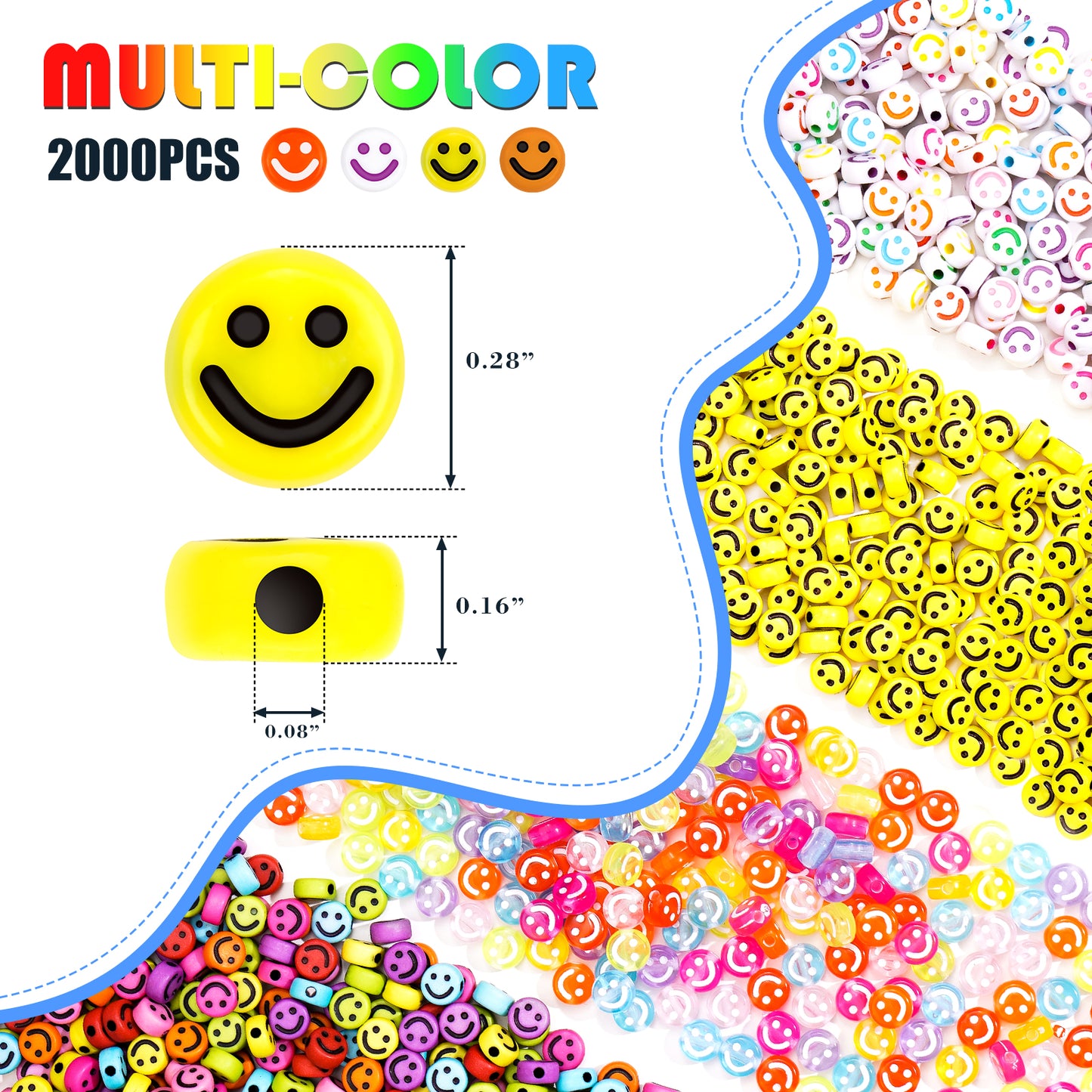 2000 PCS Smiley Face Beads, 4x7 mm 4 Style Happy Face Loose Spacer Beads, Colorf