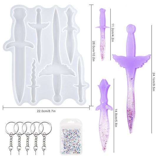Epoxy Resin Silicone Mold Kit+5PCS Keychain Rings+Glitter, 6 Different Shapes