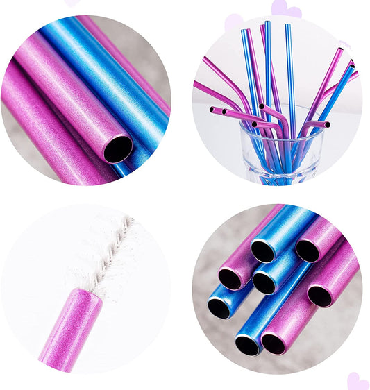 Reusable Stainless-Steel Straws 16PC 2 Cleaning Brushes 8 Straight & 8 Bent Long