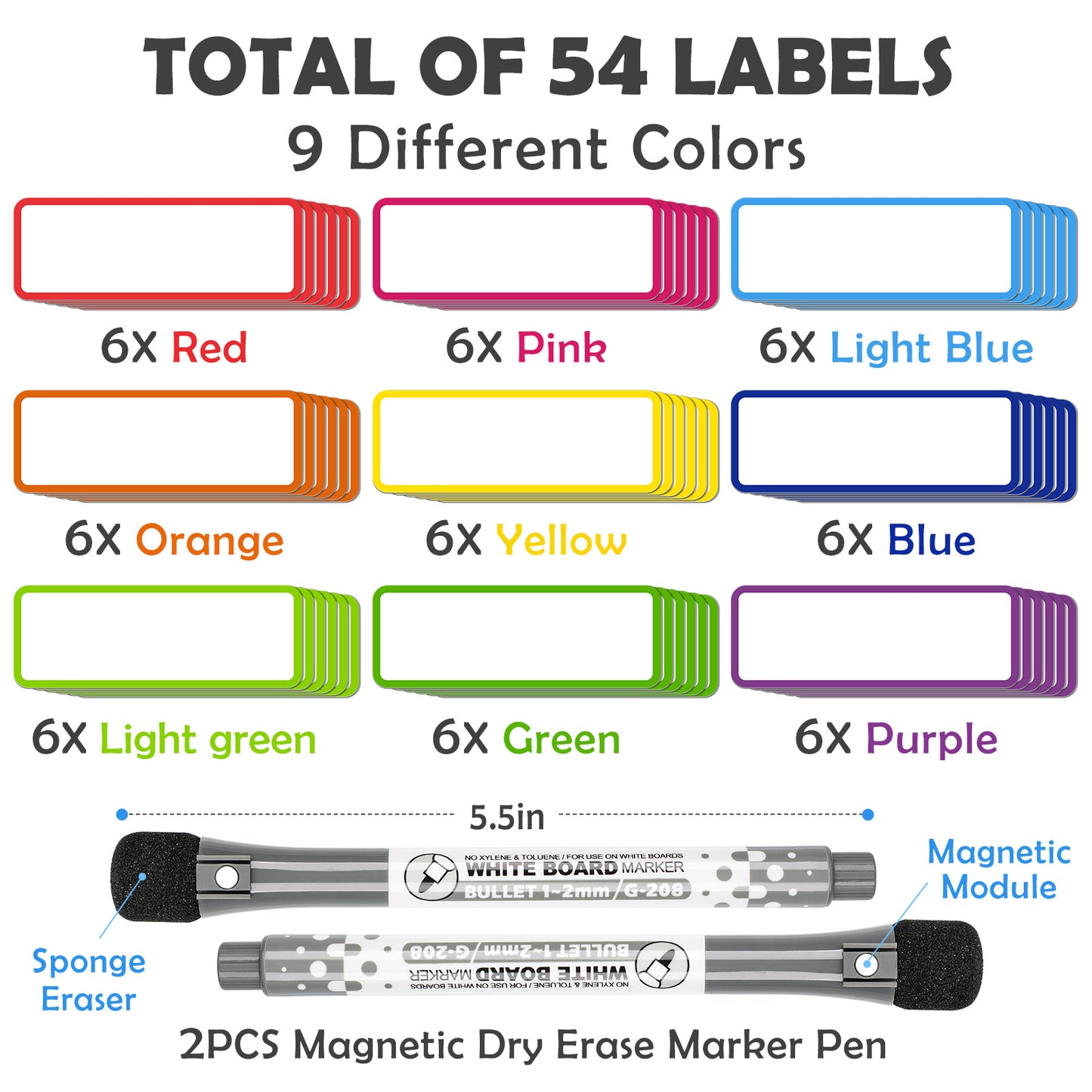 Magnetic Dry Erase Labels 54PCS 3"x1" + 2PCS Dry Erase Markers Set 9 Colors