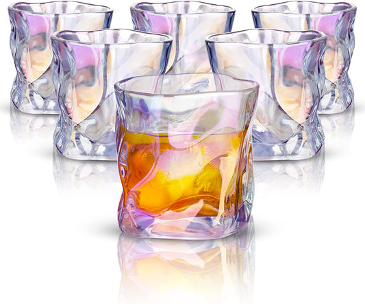 Crystal Whiskey Glasses 8oz 6-Pack Iridescence Colorful Irregular Twisted Shape