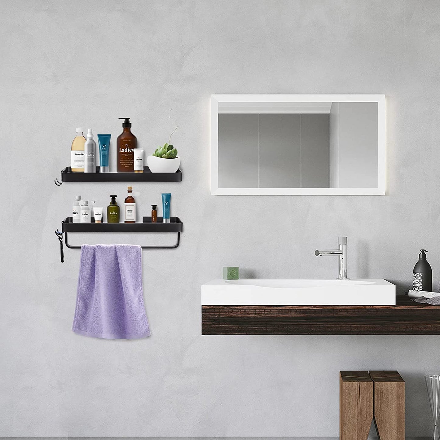 Wall Mount Bathroom Floating Shelf 2-Tier 15.7" Black Aluminum Frame Thick Glass