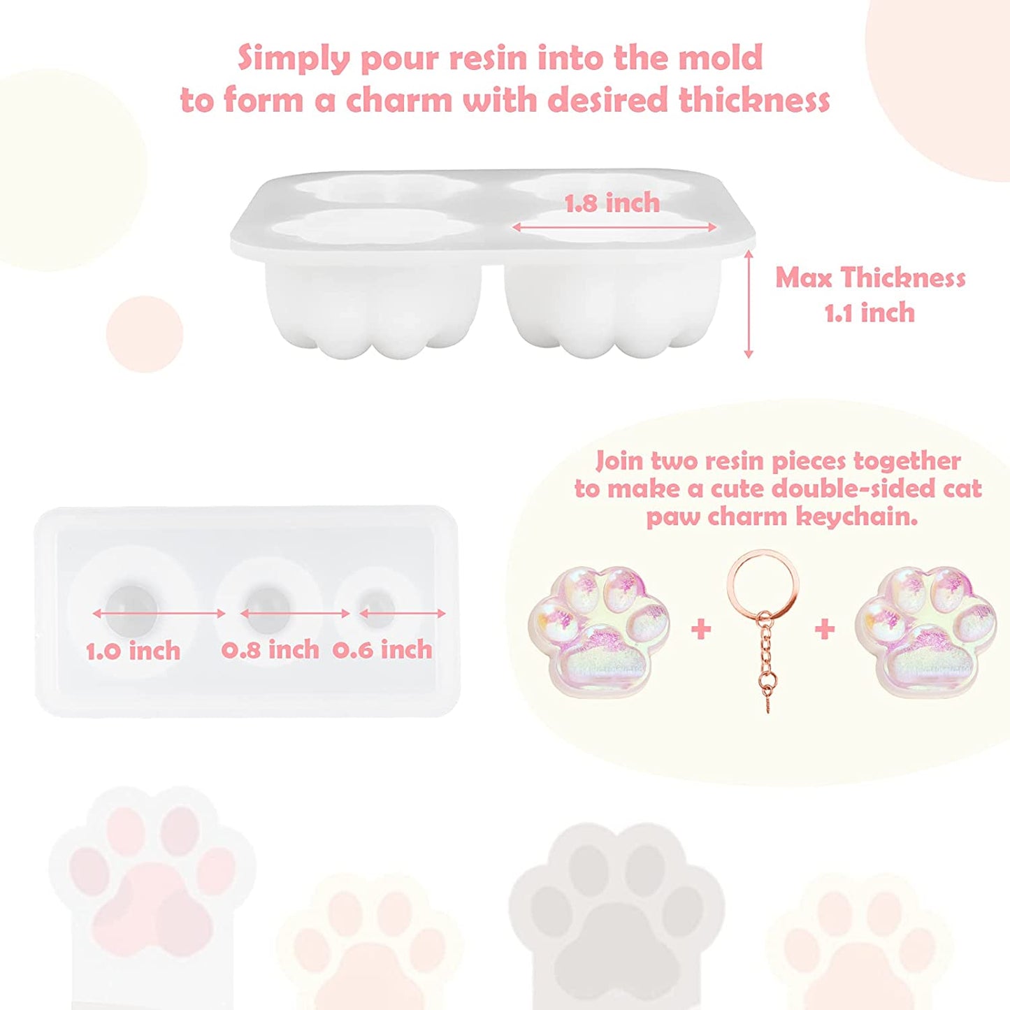 NiArt Resin Silicone Molds 4 Cat Paw Keychain Glossy & Matte+3 Spheres+10 Rings
