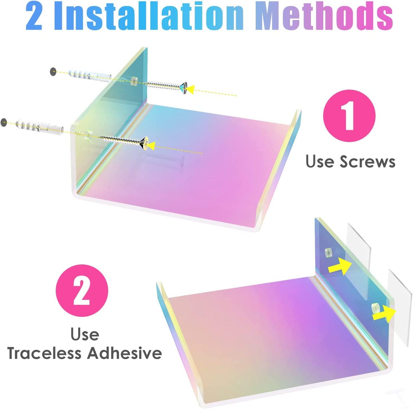 Iridescent Acrylic Floating Shelves with Edge 2PCS Medium Wall Mounted 7.9"x4.5"