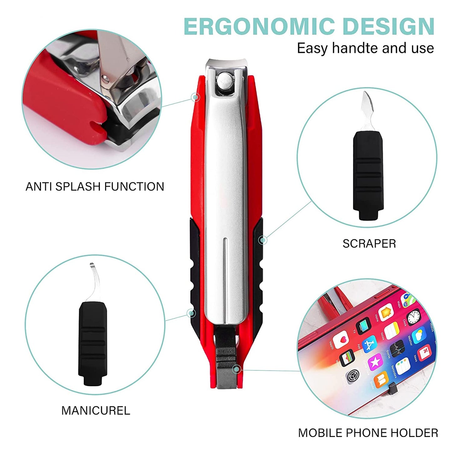 Nail Clipper 6-In-1 Nail Cleaner Cuticle Pusher Splash Proof Catcher Iron Case
