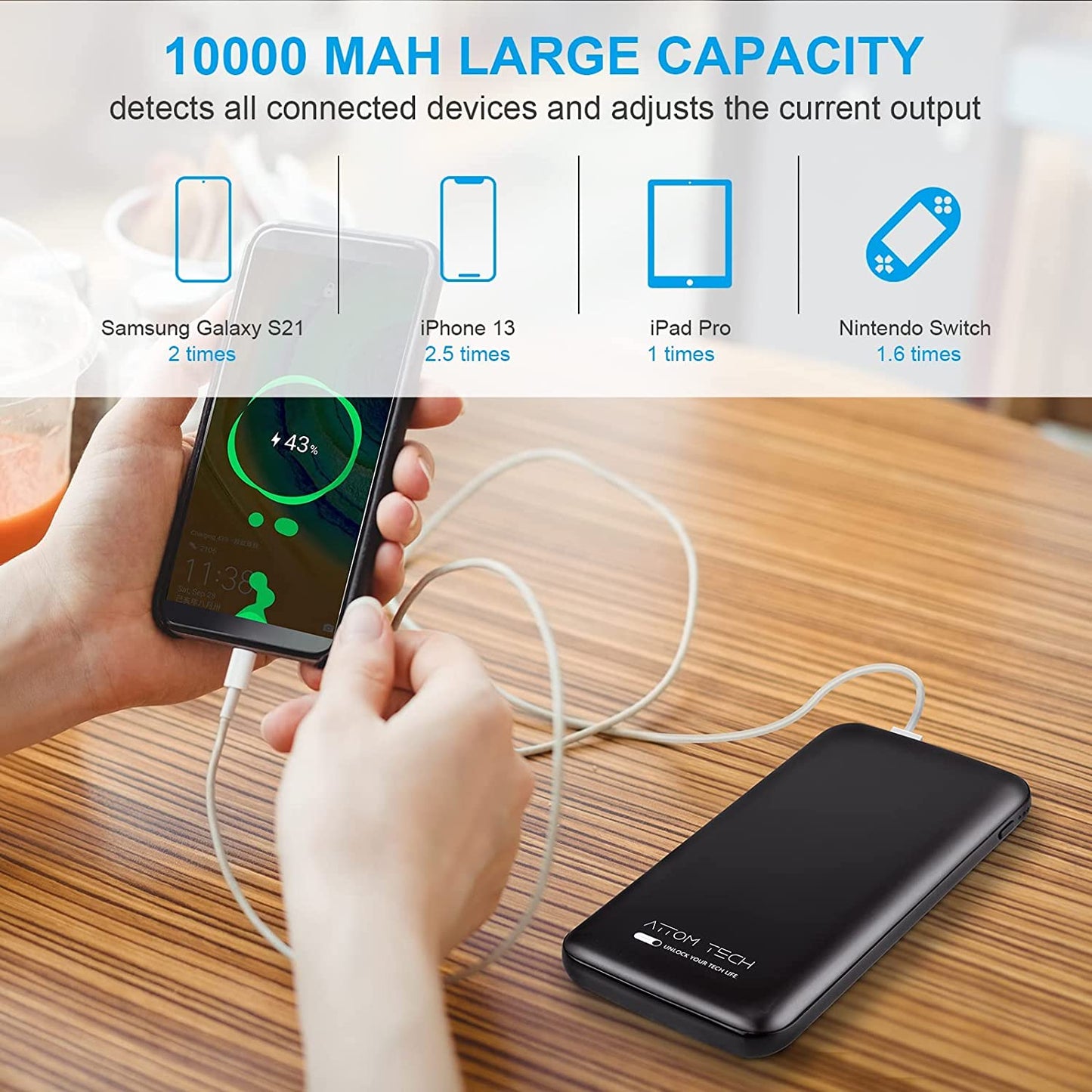 Portable Battery 10000mAh Slim Power Bank PD3.0 Type-C 37Wh Qualcomm3.0 Two-Way