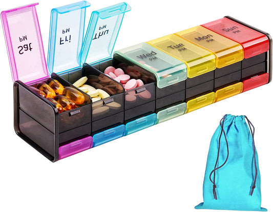 Extra Large Pill Organizer Travel Bag Double-Side 7-Day Pill Holders Multi-Color