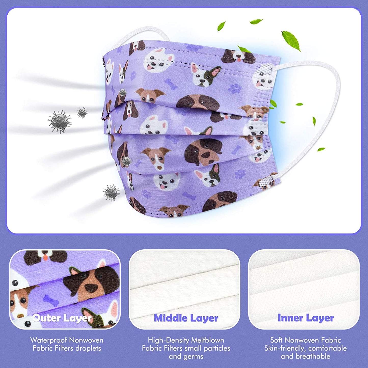 Kid Individual Packed Disposable 60PCS 3-Layer Fabric Cute Patterns Green Purple