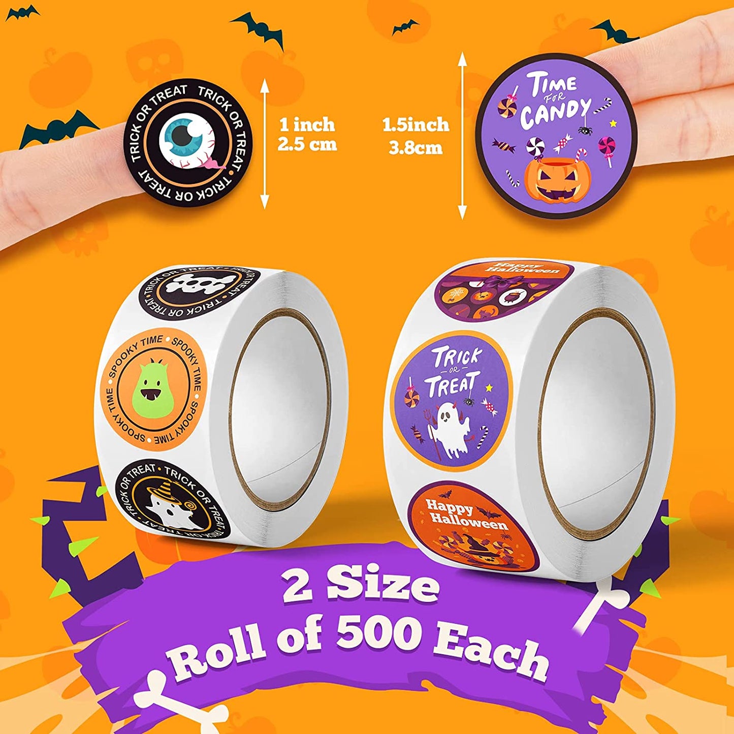 1000PCS Self-Adhesive Happy Halloween Stickers (Large 1.5"+Small 1") 15 Assorted