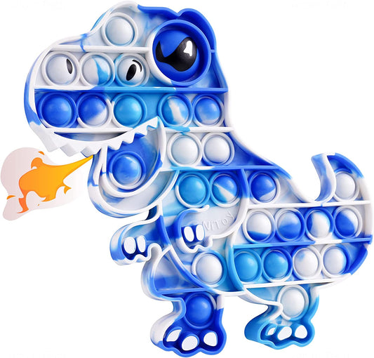 Pop Bubble Fidget Sensory Toy Large Silicone T-Rex Dinosaur Print Eye Blue/White