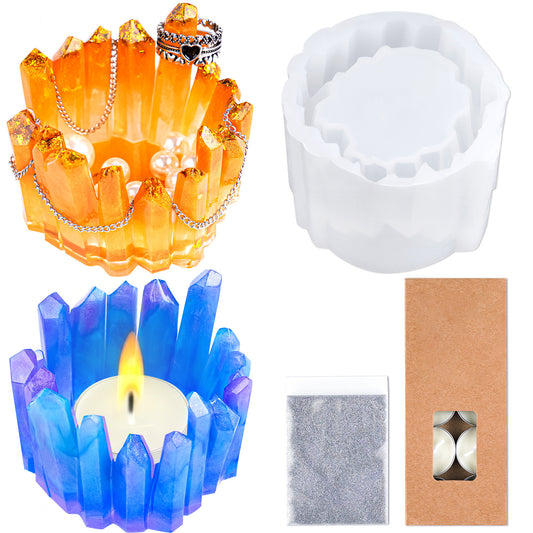 Crystal Shape Candle Holder Resin Silicone Mold+10 White Tealight Candles+Glit