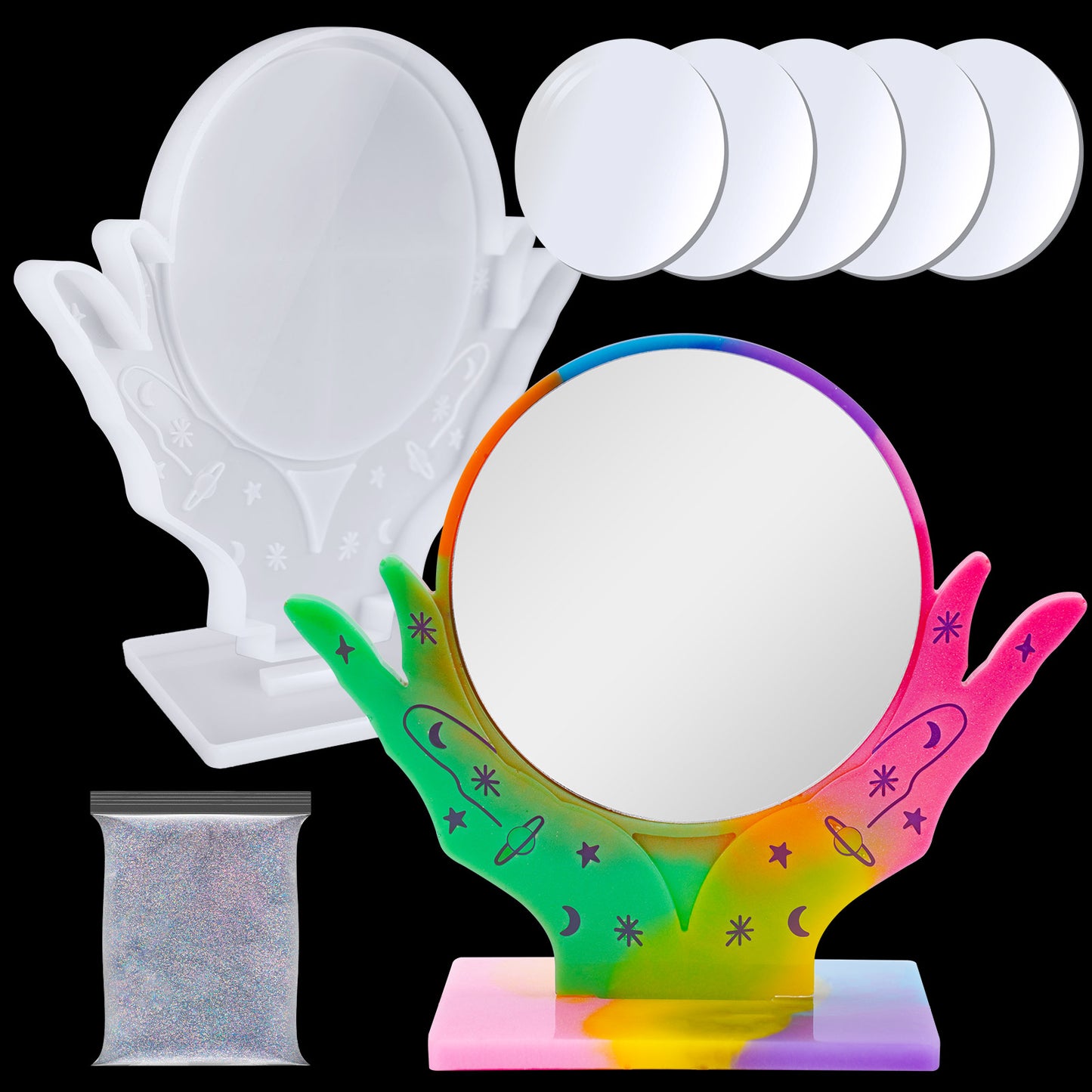 Makeup Mirror Epoxy Resin Casting Kit 2x Crystal Hands Silicone Molds+5x 4" Sh