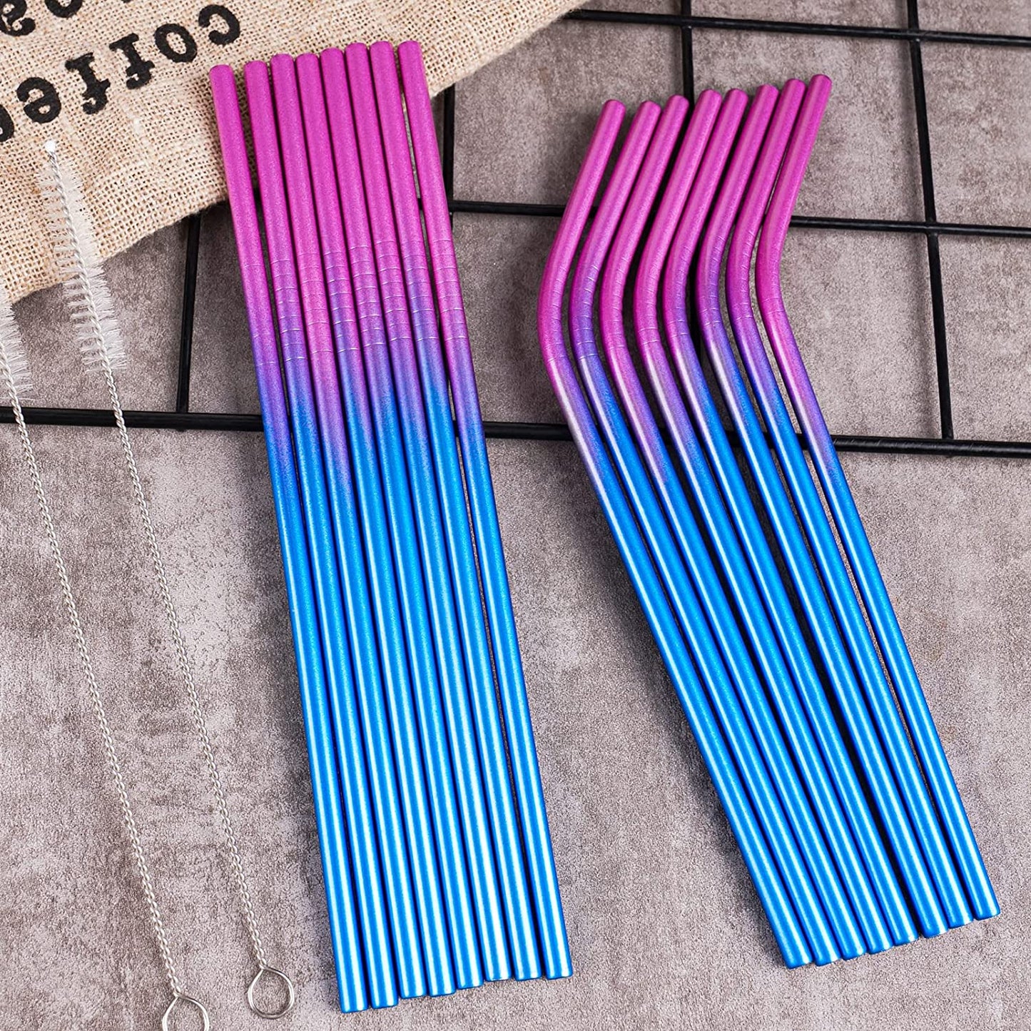 Reusable Stainless-Steel Straws 16PC 2 Cleaning Brushes 8 Straight & 8 Bent Long
