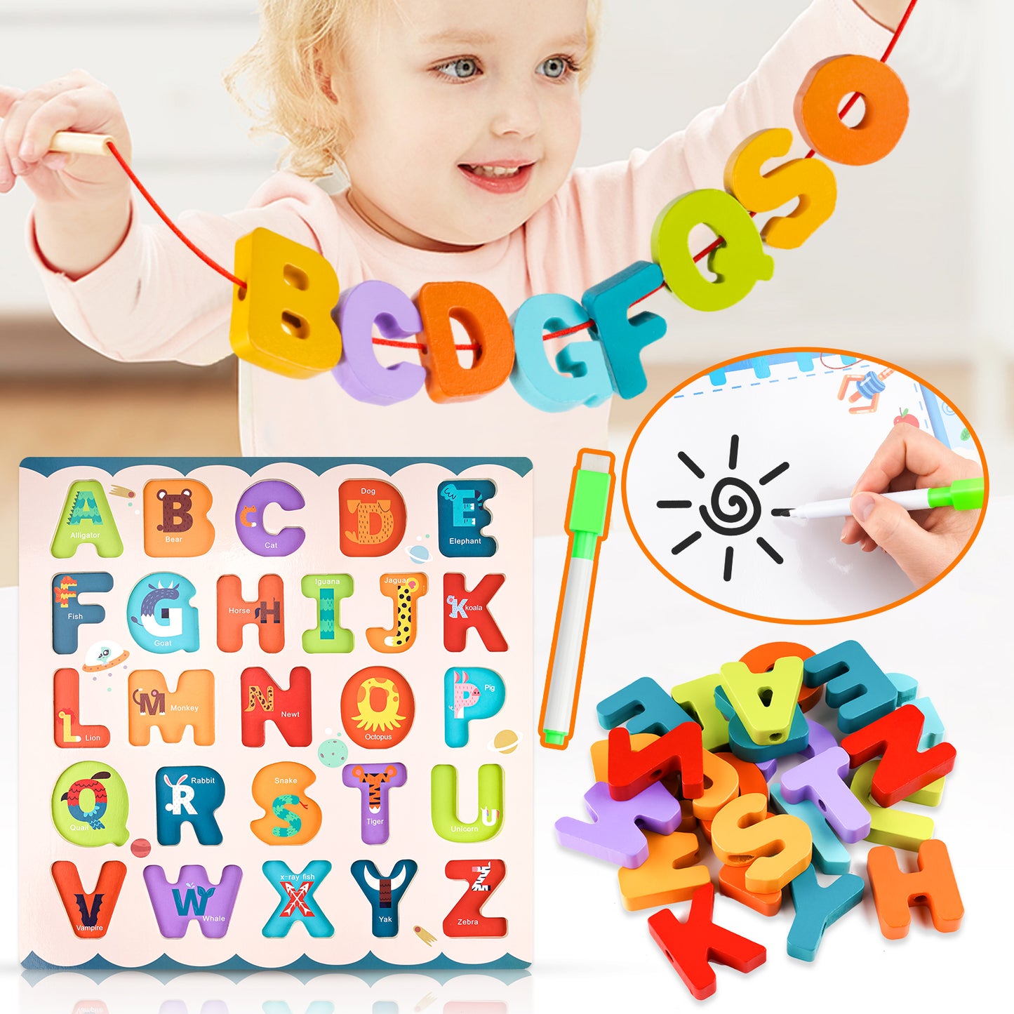 3-In-1 Wooden Alphabet Letter Block Learning Puzzle Whiteboard Lacing Toy