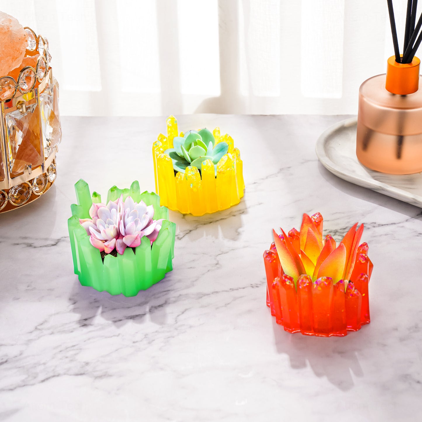 Crystal Shape Candle Holder Resin Silicone Mold+10 White Tealight Candles+Glit