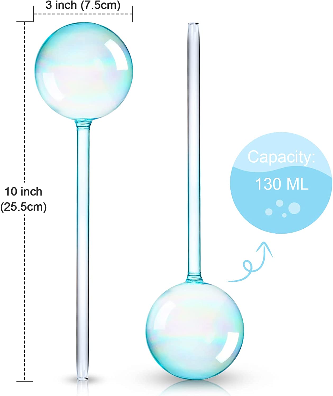 Aqua Spike Self-Watering Bulb 2PC 10" Iridescent Pearl Glass Globe Plant Waterer